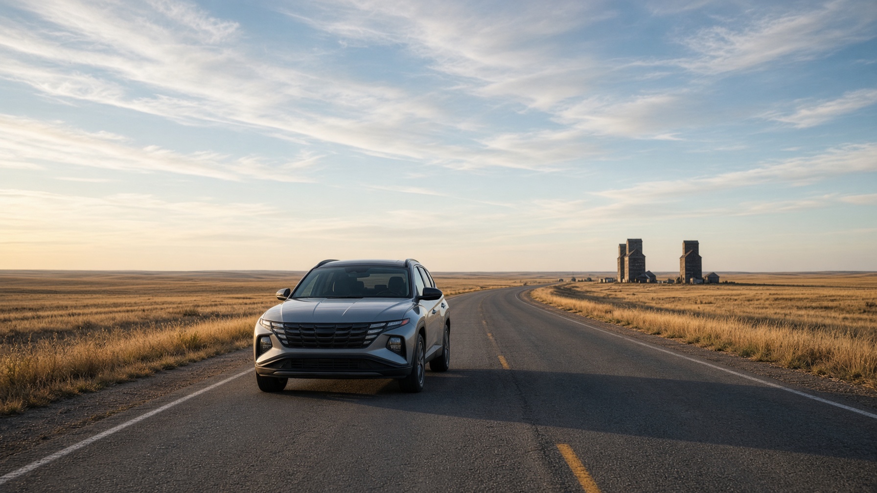 Hybrid shuttle on a southern Saskatchewan prairie highway at dawn